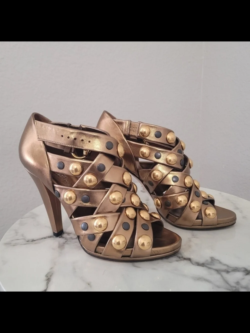 GUCCI Womens Metallic Bronze Studded High Heel 36.5 Sandal Gold Babouska Strappy